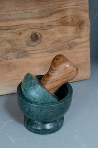 Green marble and mango wood pestle and mortar