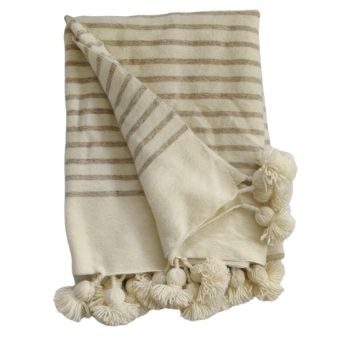 Moroccan heavy wool pompom blanket Beige/Cream 200x300