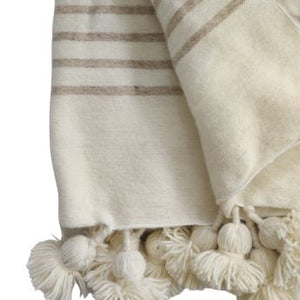 Moroccan heavy wool pompom blanket Beige/Cream 200x300