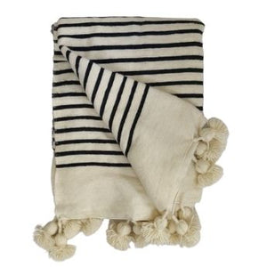 Moroccan heavy wool pompom blanket Black/Cream 150x250