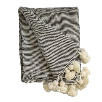 Moroccan heavy wool pompom blanket fine stripe 200x300