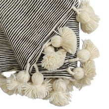 Load image into Gallery viewer, Black and cream thin striped handmade wool blanket with pom poms 98x59