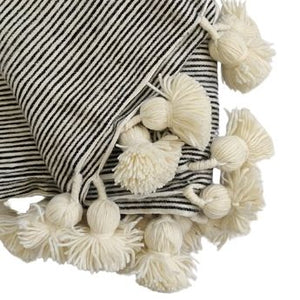 Moroccan heavy wool pompom blanket fine stripe 200x300