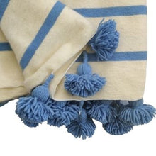 Load image into Gallery viewer, Moroccan heavy wool pompom blanket Blue/Cream 200x300