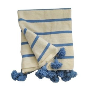 Moroccan heavy wool pompom blanket Blue/Cream 150x250