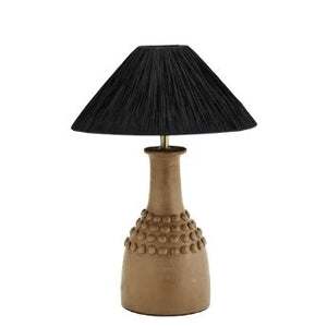 Brown terracotta table lamp with black raffia shade