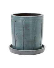 Load image into Gallery viewer, Grey/green glazed stoneware planter with saucer