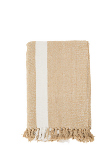 Sand and white striped woven throw with fringe