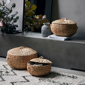 Handwoven hyacinth lidded baskets