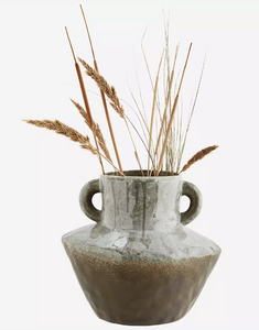 Green and brown handled stoneware vase