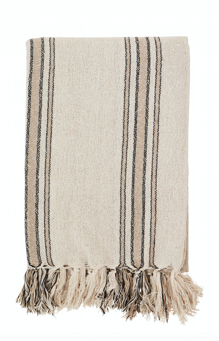 Ecru striped woven throw with fringes