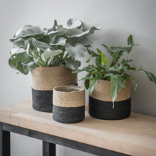 Load image into Gallery viewer, BLACK AND JUTE STRIPED POTS SET OF 3