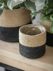 BLACK AND JUTE STRIPED POTS SET OF 3