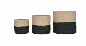 BLACK AND JUTE STRIPED POTS SET OF 3