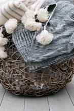Load image into Gallery viewer, Moroccan heavy wool pompom blanket fine stripe 200x300
