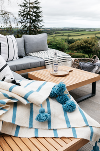 Moroccan heavy wool pompom blanket Blue/Cream 200x300