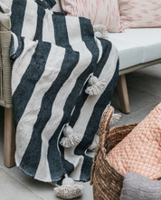 Load image into Gallery viewer, Moroccan striped cotton blanket with tassles black/natural 150x250