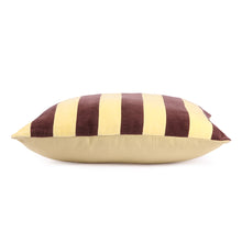Load image into Gallery viewer, Soft yellow and aubergine striped cotton velvet cushion 50x50