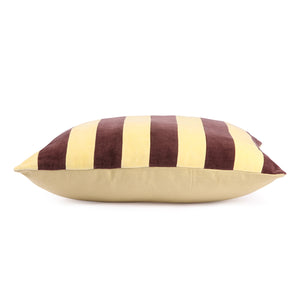 Soft yellow and aubergine striped cotton velvet cushion 50x50