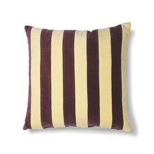 Load image into Gallery viewer, Soft yellow and aubergine striped cotton velvet cushion 50x50