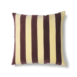 Soft yellow and aubergine striped cotton velvet cushion 50x50