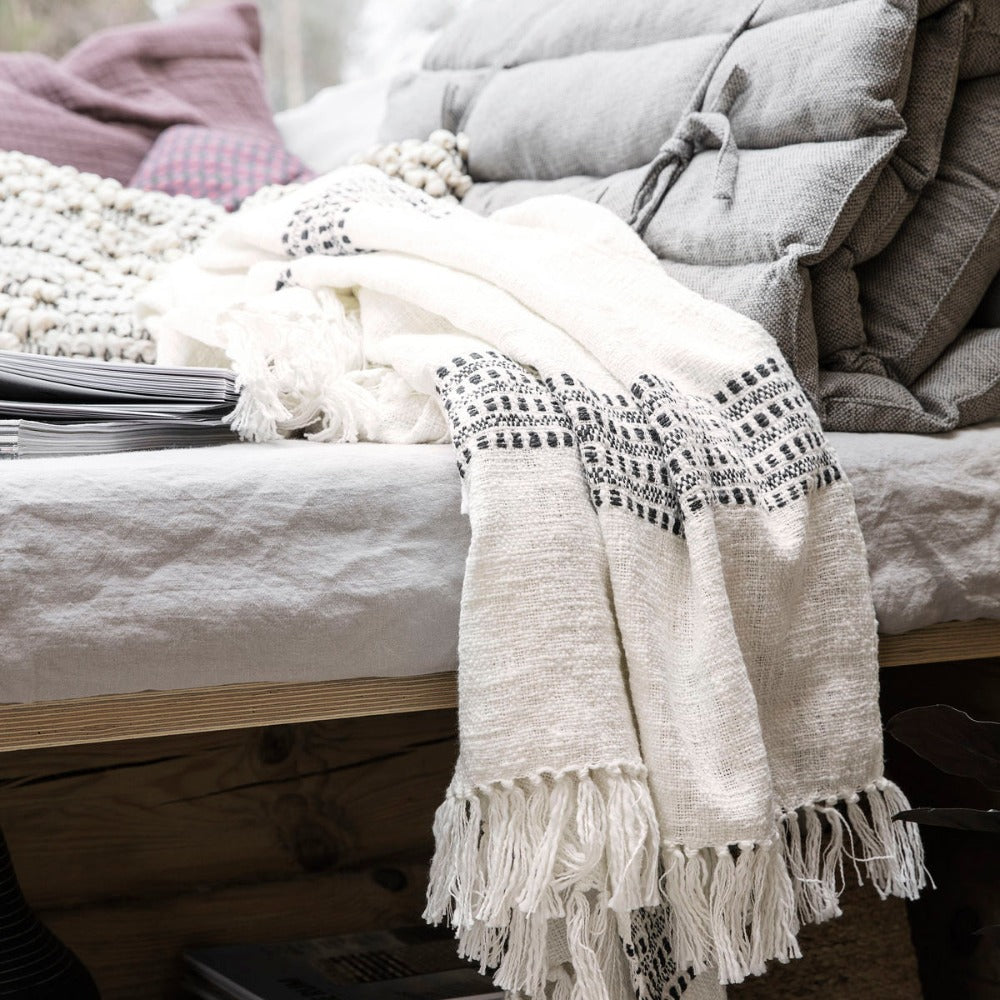 White fringed blanket with pattern trim 30x180